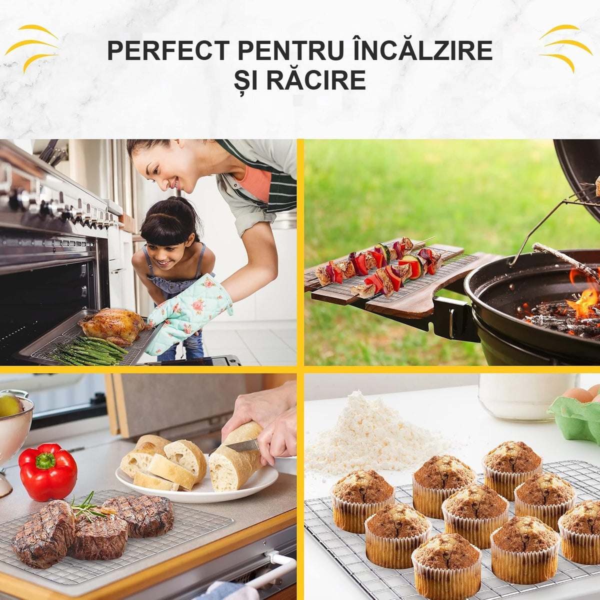 Grătar pentru încălzire și răcire, cu alimente în diferite situații