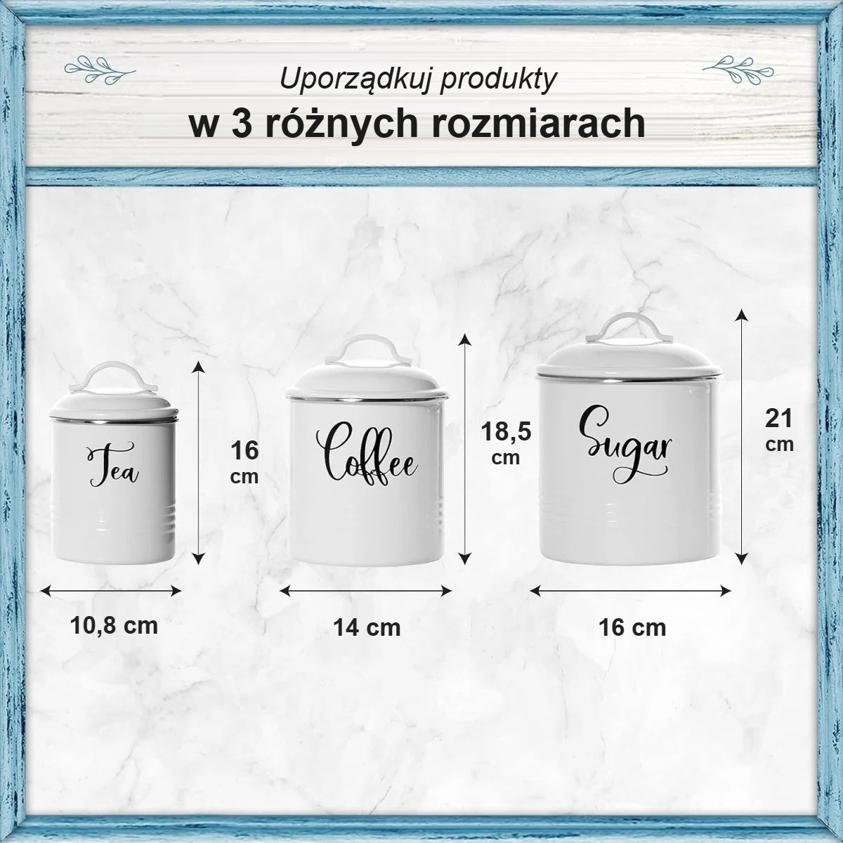 3 rozmiary pojemników kuchennych: mały Tea, średni Coffee, duży Sugar