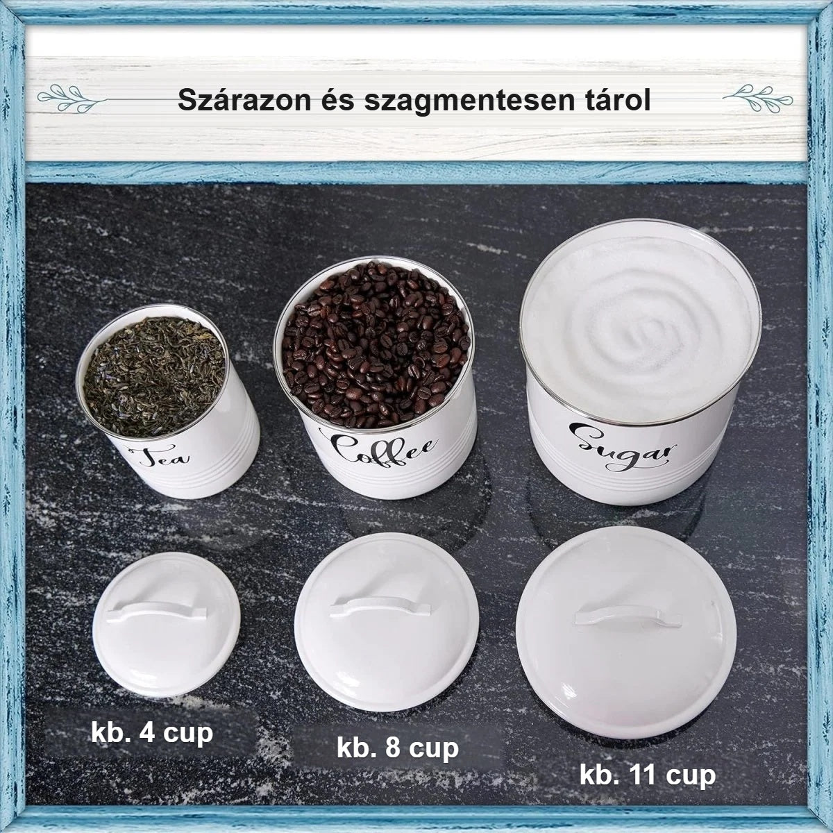 Nyitott tárolódobozok teával, kávéval és cukorral, mellettük a fedelek