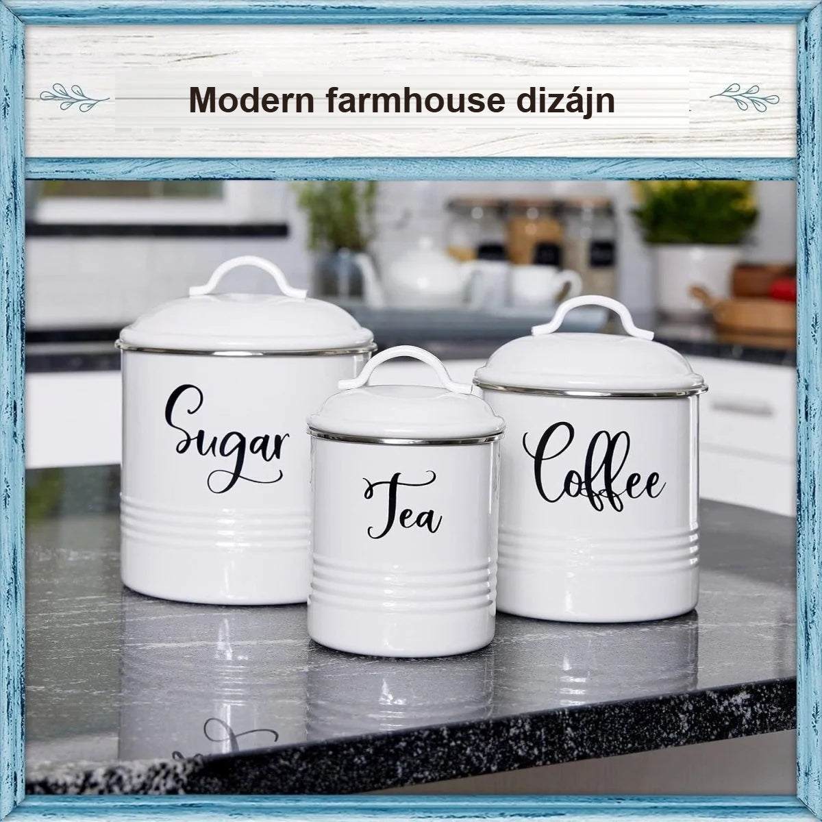 Fehér tea-, kávé- és cukortartó szett a konyhapulton, farmhouse stílusban