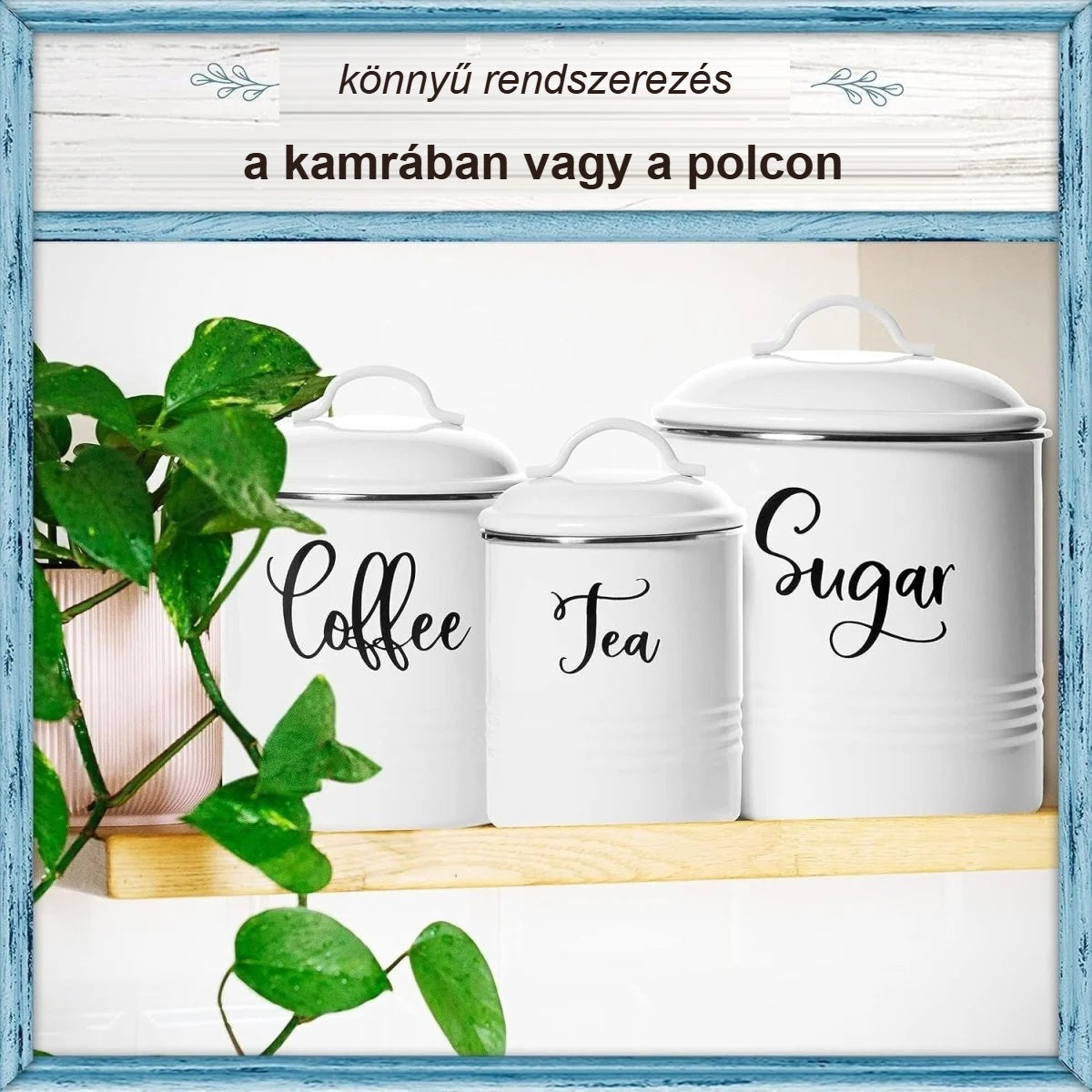 Fehér fém tárolódobozok egy polcon, mellettük szobanövény