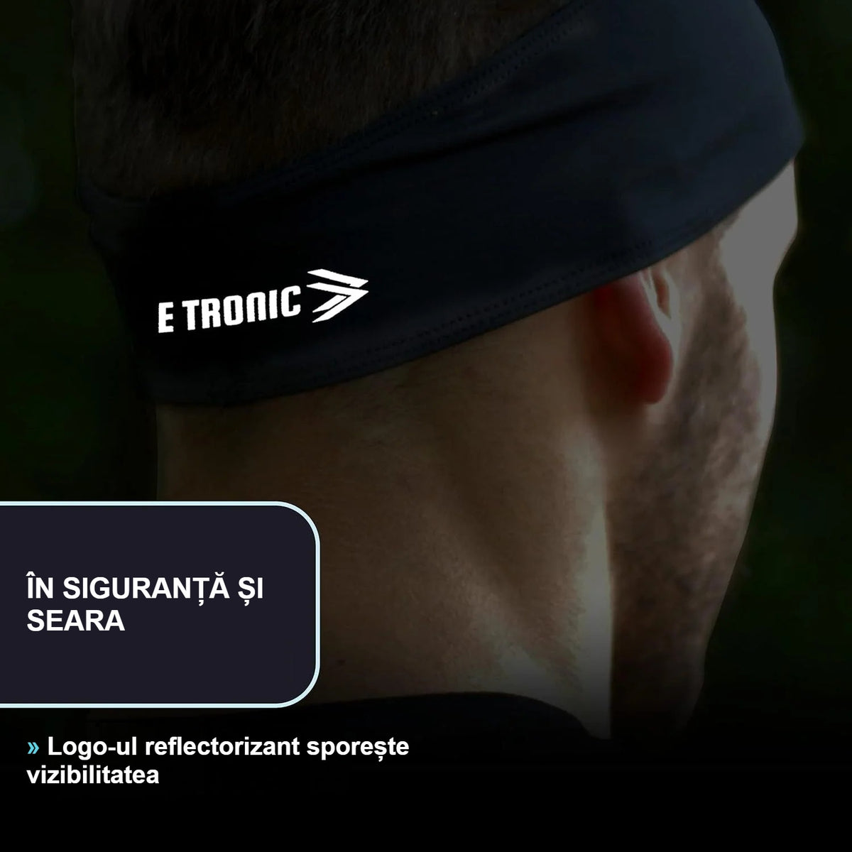 Bentiță sport cu logo reflectorizant pentru antrenamente de seară, pe capul unui bărbat