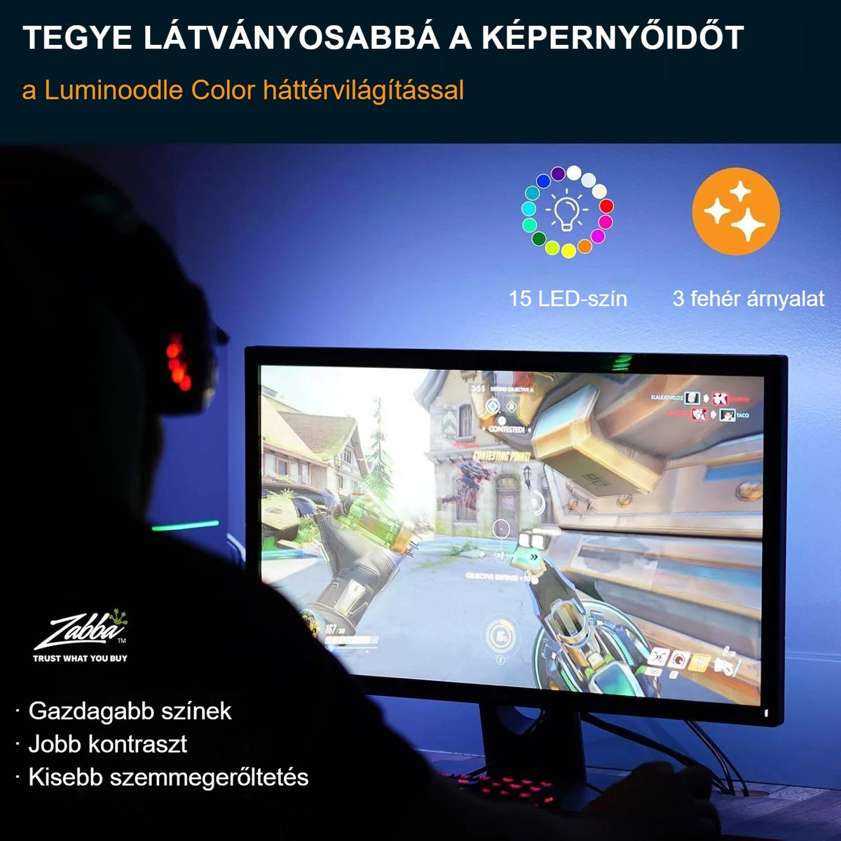 Monitor háttérvilágítás játék közben, 15 LED-szín és 3 fehér árnyalat