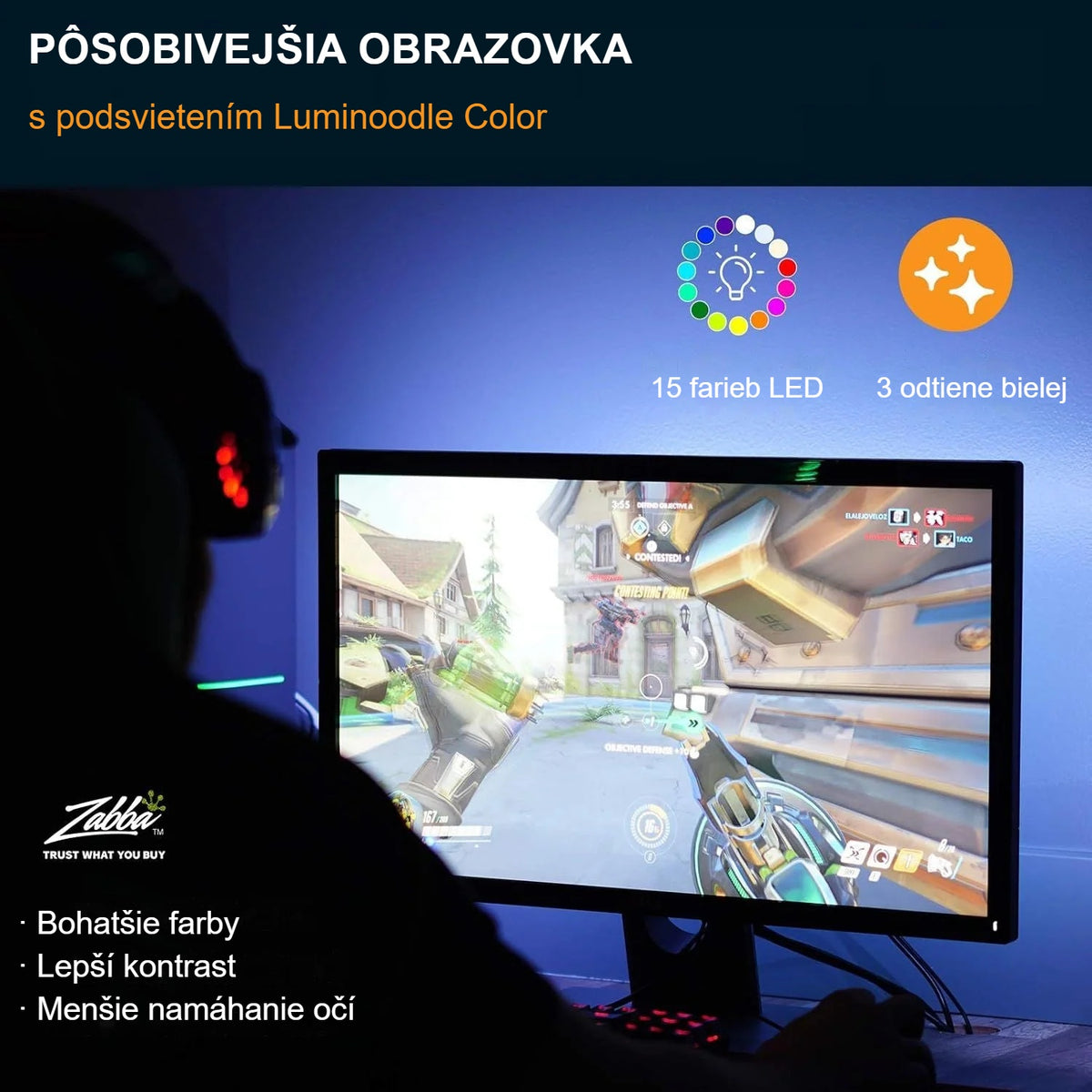 Podsvietenie monitora pri hraní, 15 farieb LED a 3 odtiene bielej