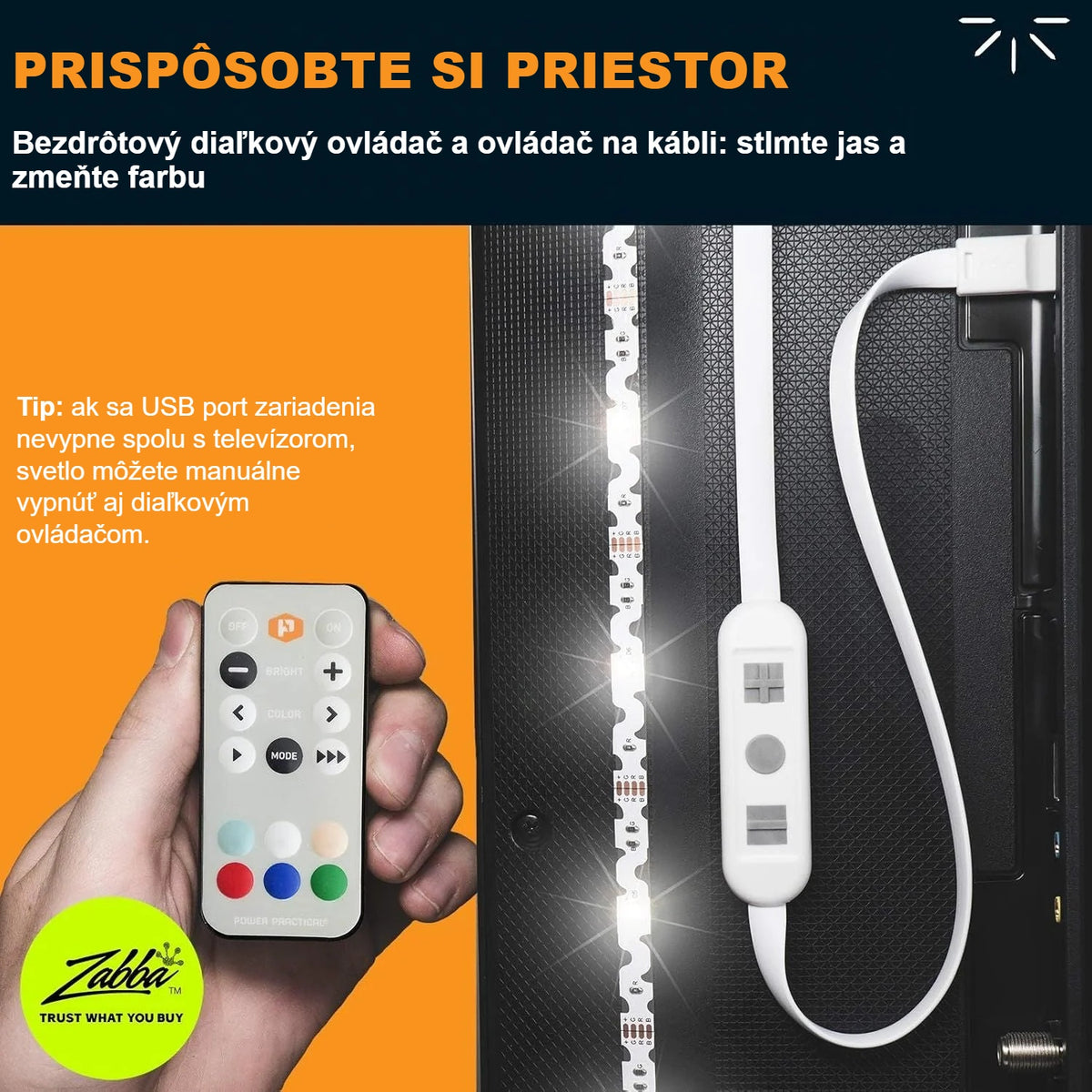 Diaľkový ovládač a ovládač na kábli LED pásika na nastavenie jasu a farby
