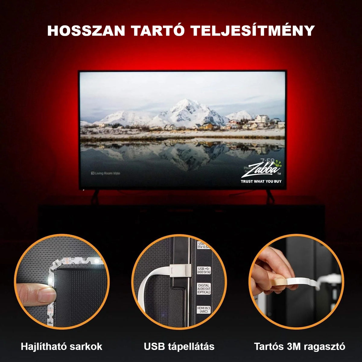 TV háttérvilágítás piros fénnyel; hajlítható sarkok, USB táp, 3M ragasztó