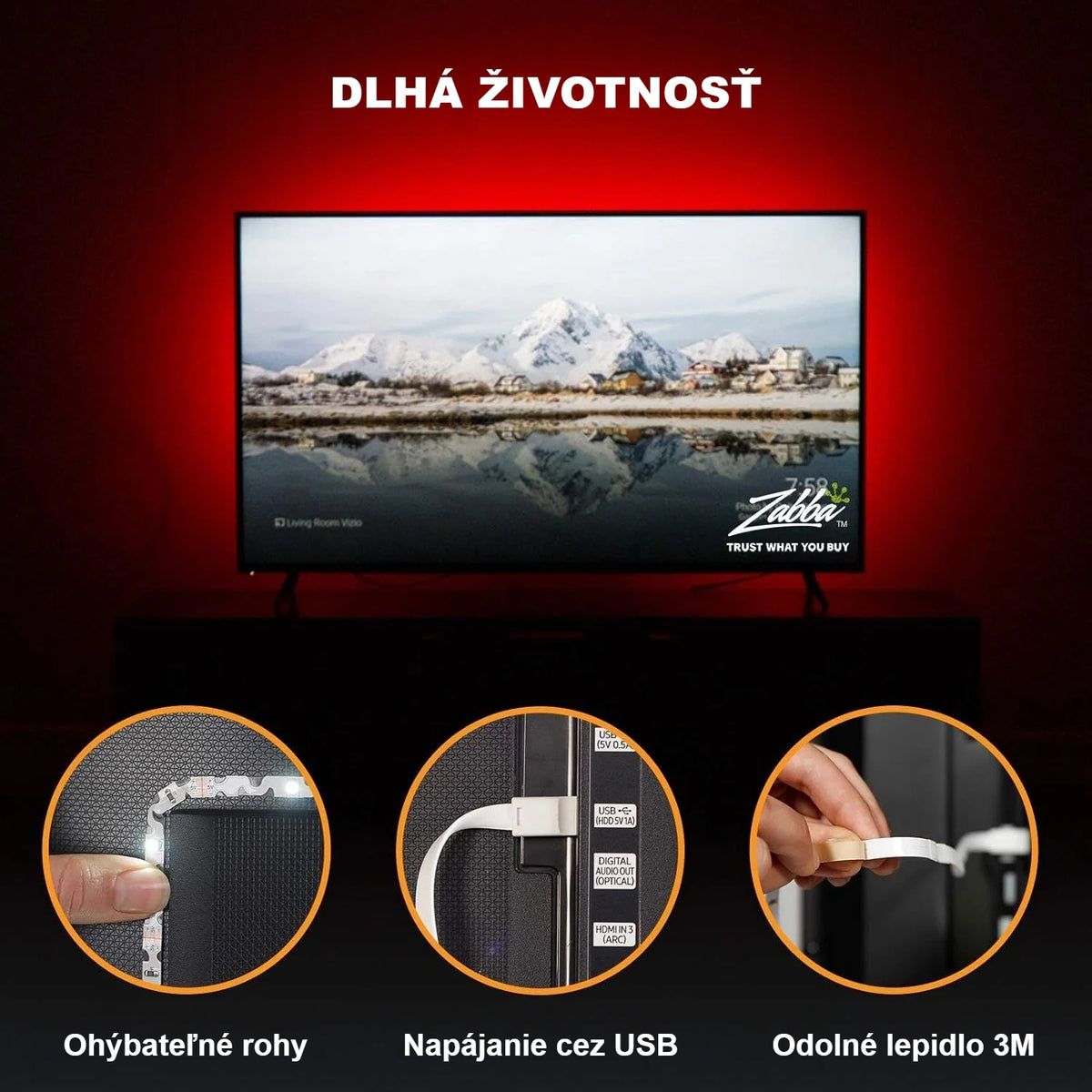 LED podsvietenie TV s červeným svetlom; ohýbateľné rohy, napájanie z USB, lepidlo 3M