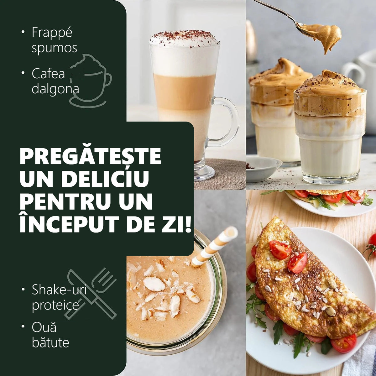 Cafea, shake, frișcă și ouă bătute preparate cu spumatorul de lapte