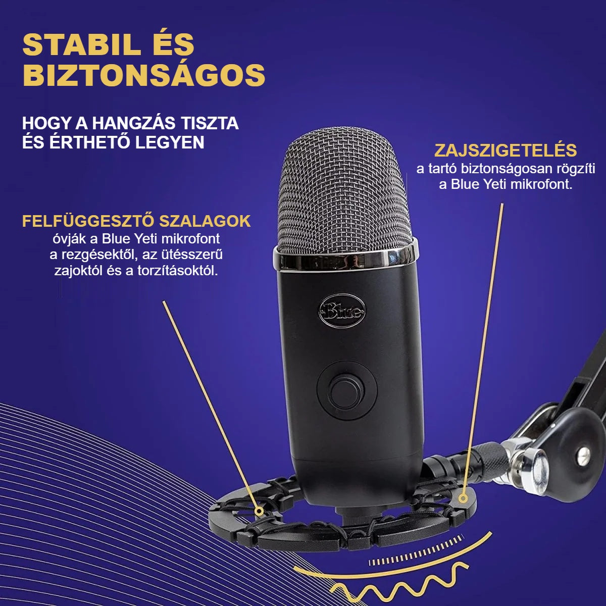 Blue Yeti mikrofon a shock mountban, felfüggesztő szalagokkal