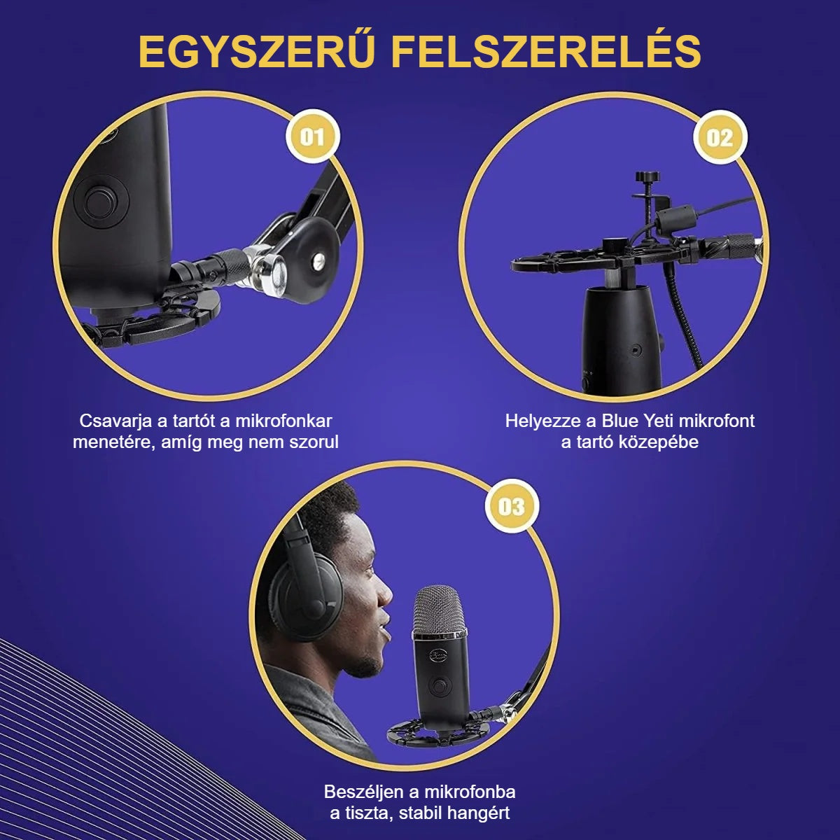 Shock mount felszerelése mikrofonkarra Blue Yeti mikrofonnal