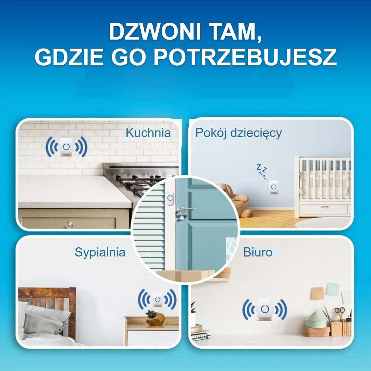 Odbiorniki dzwonka w kuchni, pokoju dziecięcym, sypialni i biurze