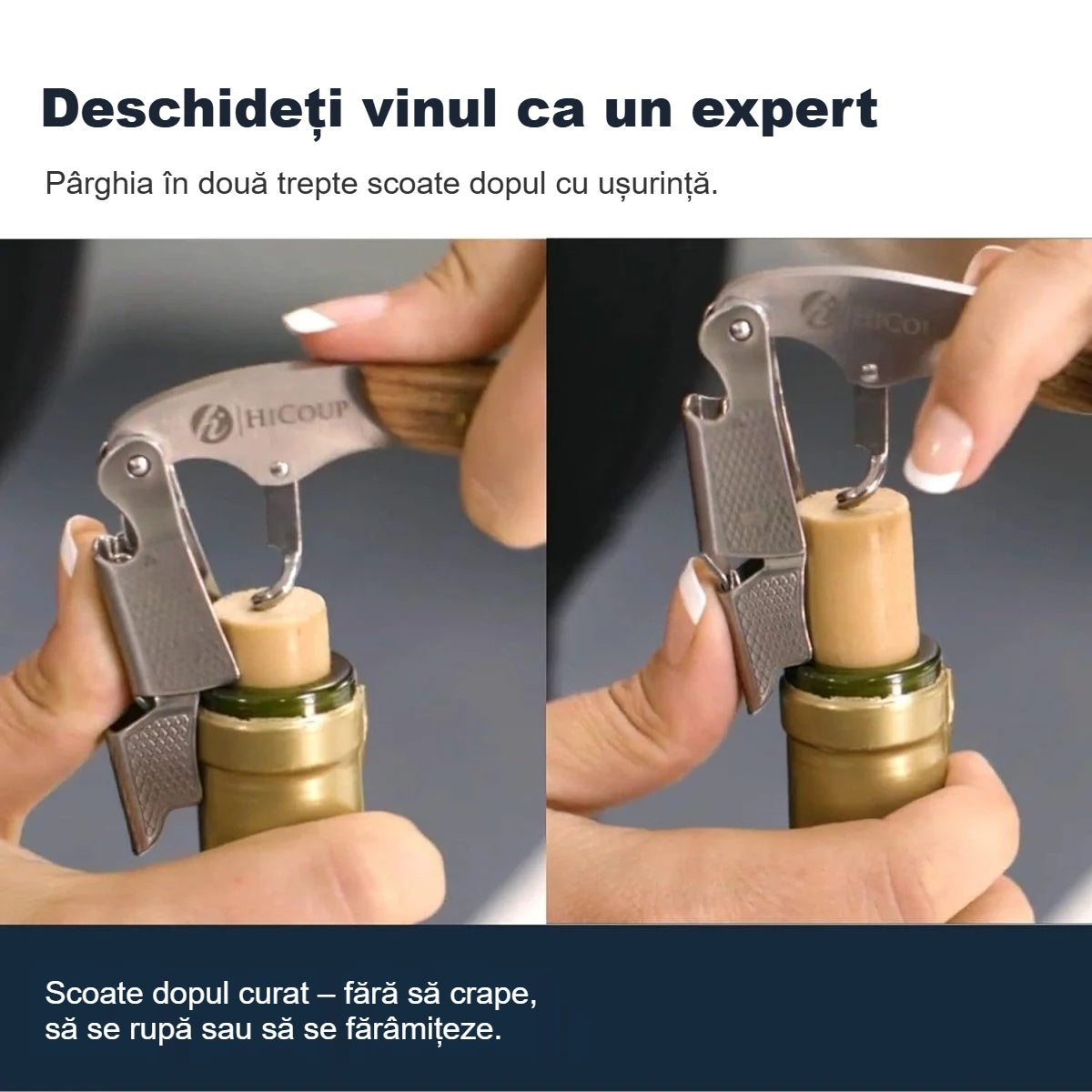 Scoaterea dopului cu pârghia în două trepte a tirbușonului de somelier