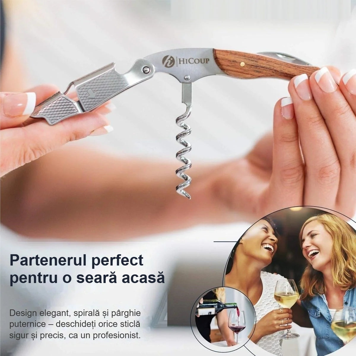 Tirbușon de somelier cu spirala deschisă, ținut în mână