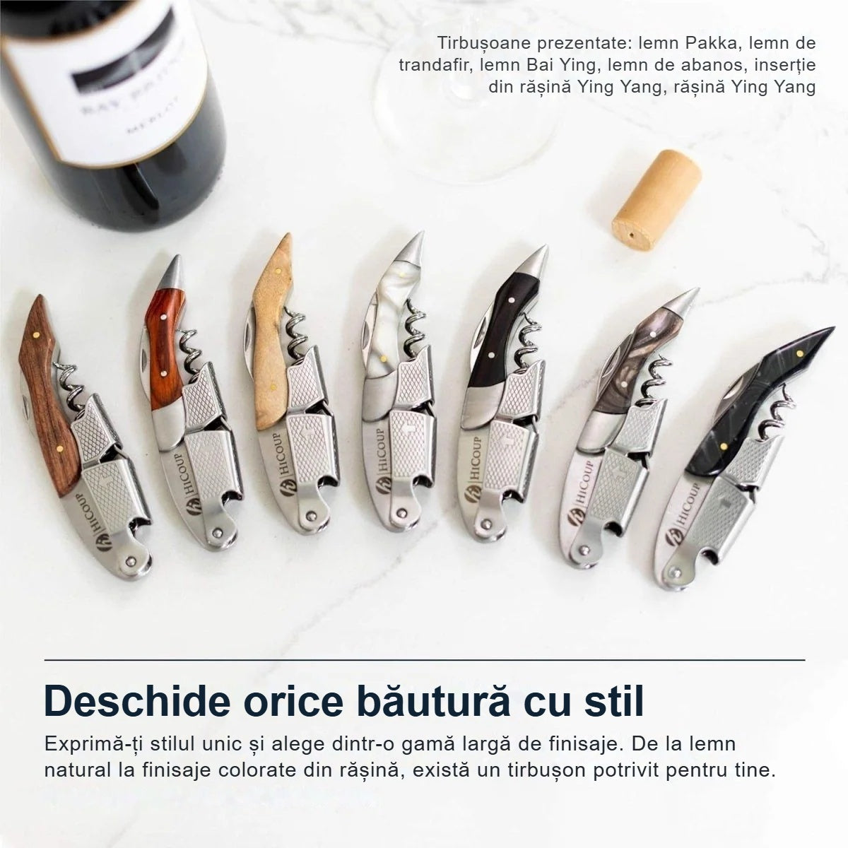 Tirbușoane de somelier cu mânere diferite, așezate în rând