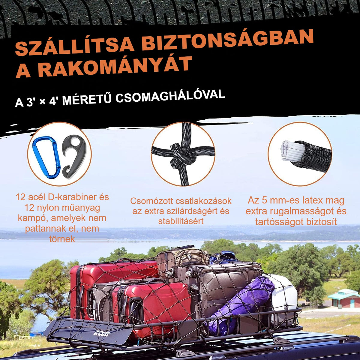 Csomagrögzítő háló bőröndökön egy utánfutón; acél karabiner és csomózott háló