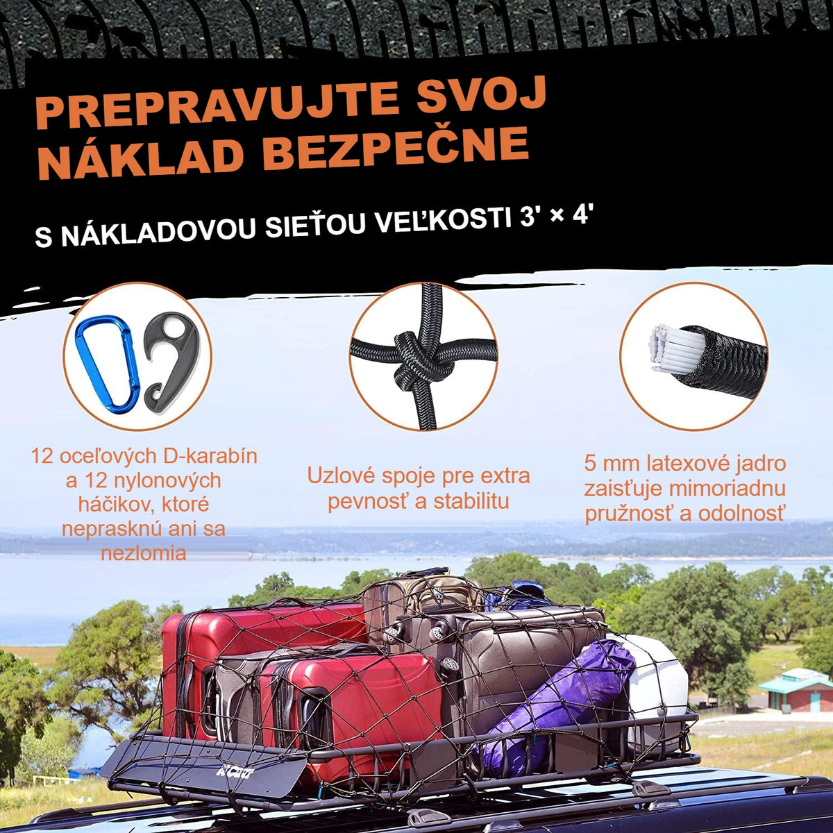 Sieť na upevnenie nákladu na kufroch na prívese; oceľová karabína a uzlová sieť
