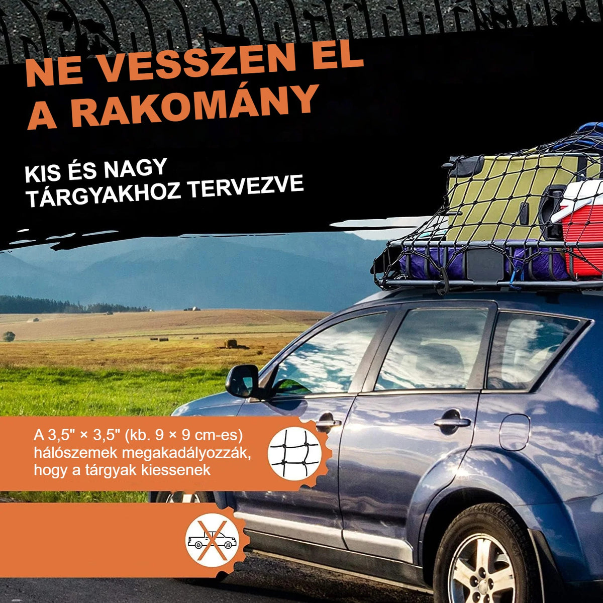 Autó tetőcsomagtartó rakománnyal, csomagrögzítő hálóval lefogva