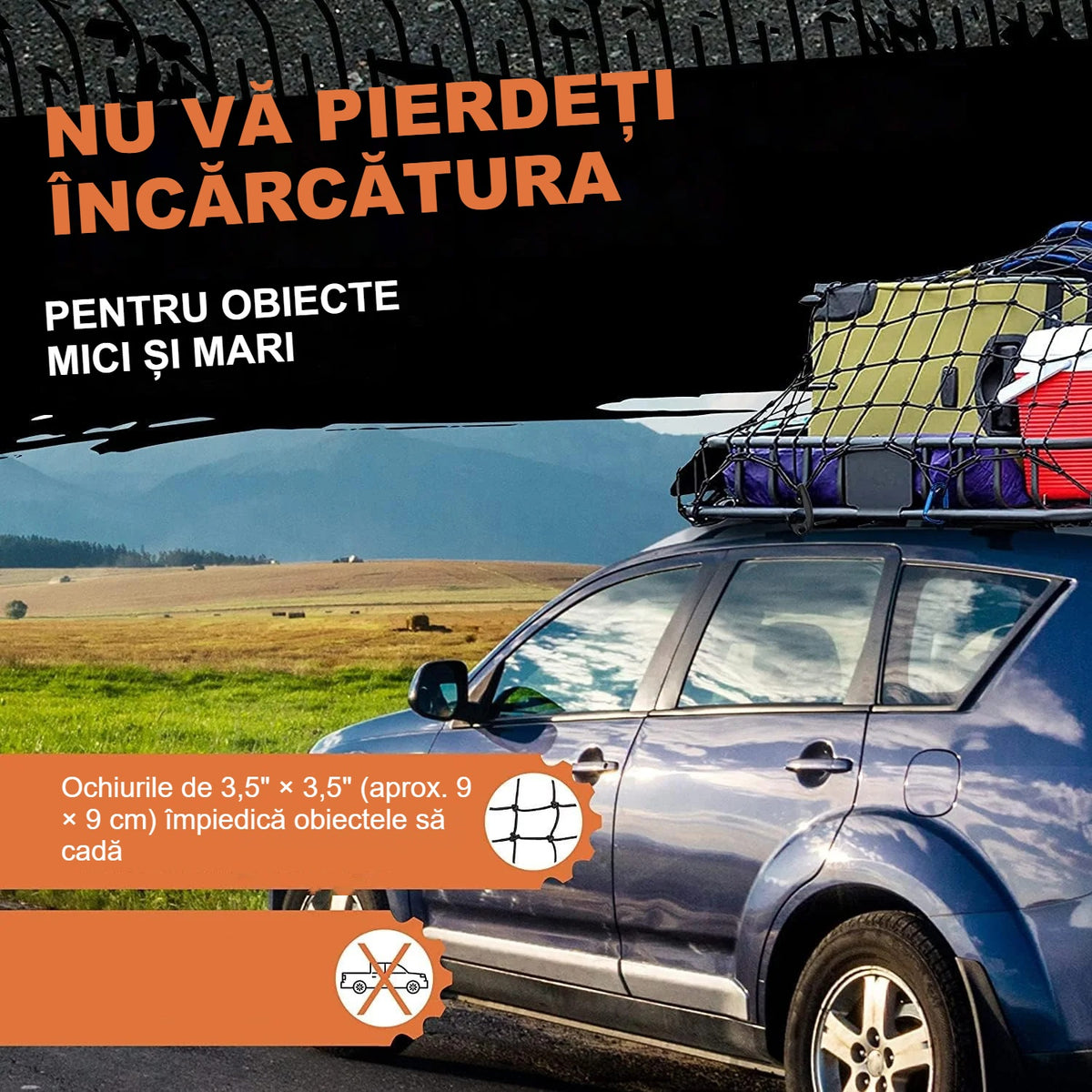 Portbagaj de plafon cu încărcătură fixată cu plasă elastică