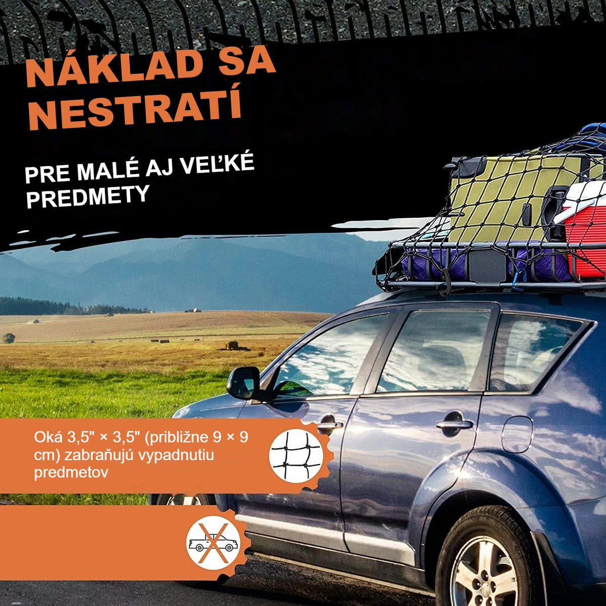 Strešný nosič auta s nákladom zaisteným gumovou sieťou