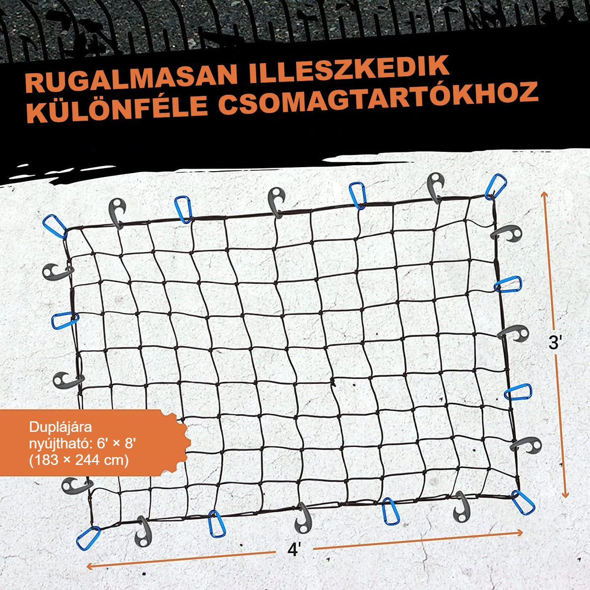 Gumis csomagrögzítő háló kinyújtva, méretjelöléssel