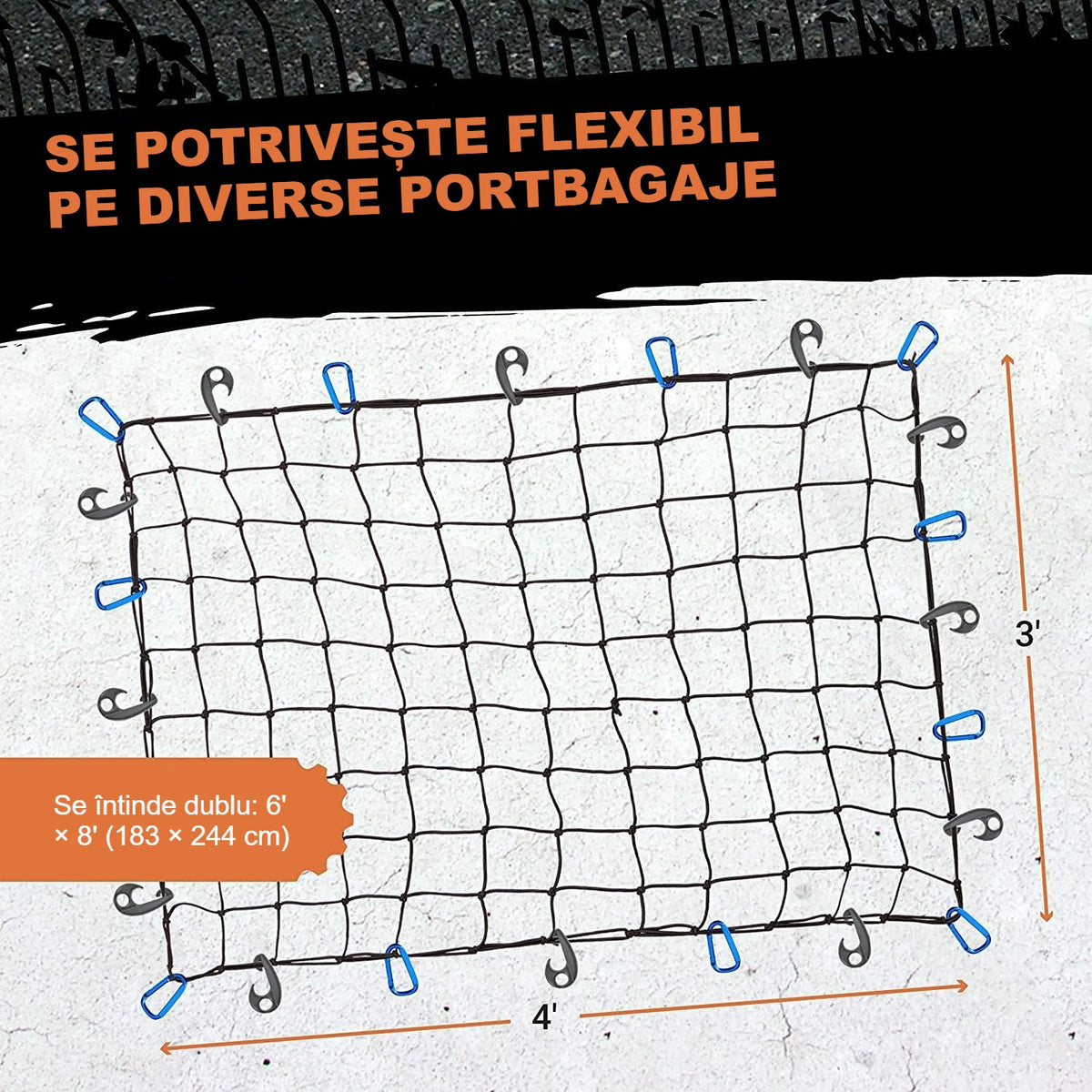 Plasă elastică pentru bagaje întinsă, cu dimensiunile marcate