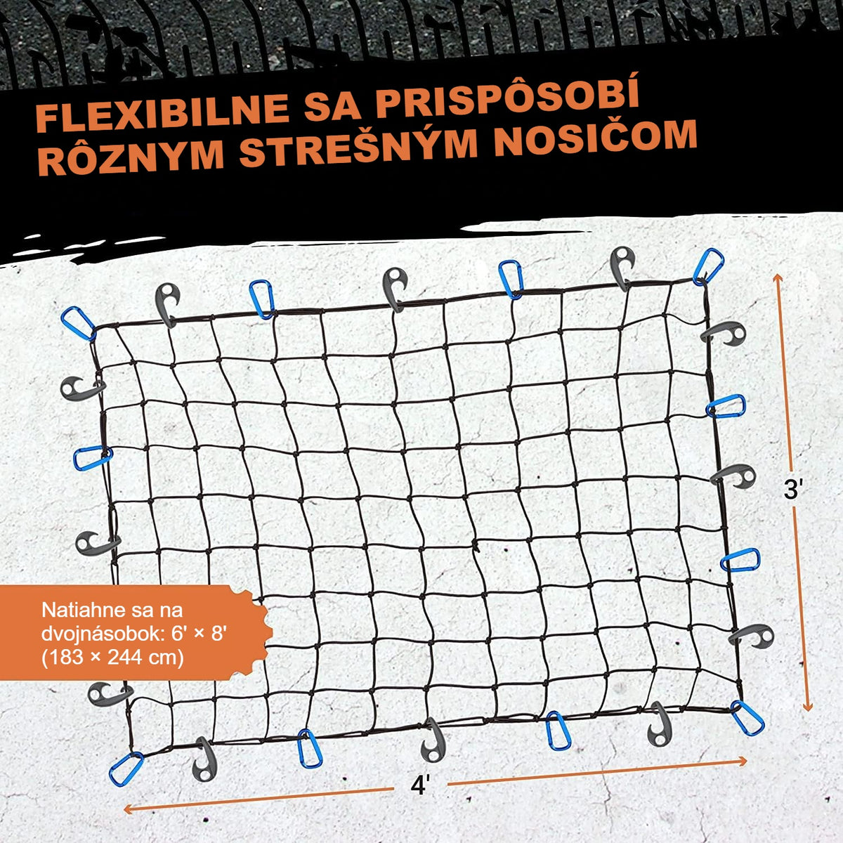 Natiahnutá gumová sieť na náklad s vyznačenými rozmermi