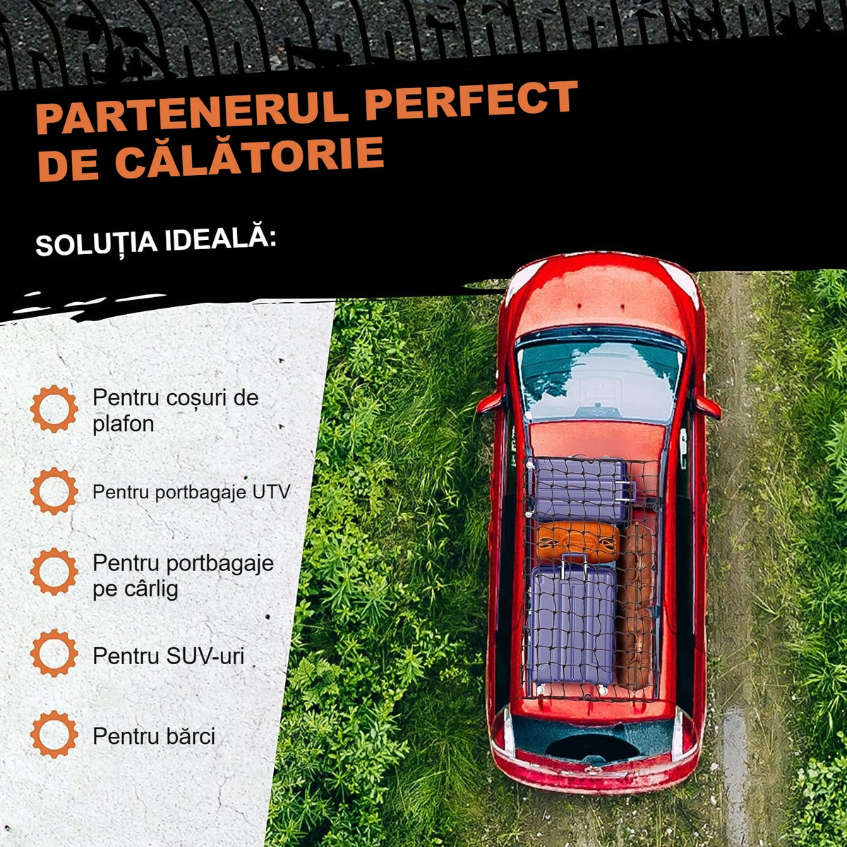 Plasă pentru bagaje pe portbagaj de plafon, pe pick-up și pe remorcă