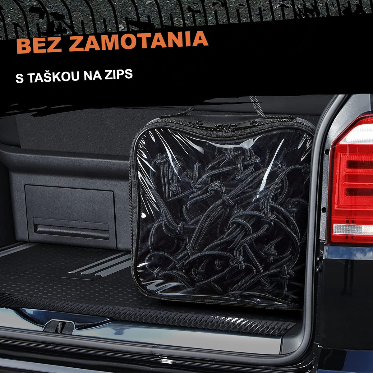 Sieť na náklad v taške na zips v kufri auta