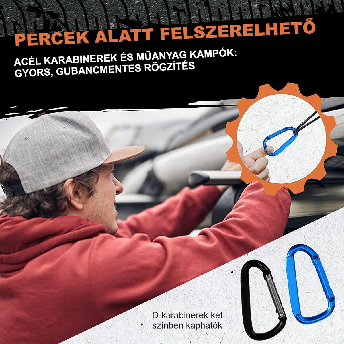Férfi karabinerrel rögzíti a csomaghálót