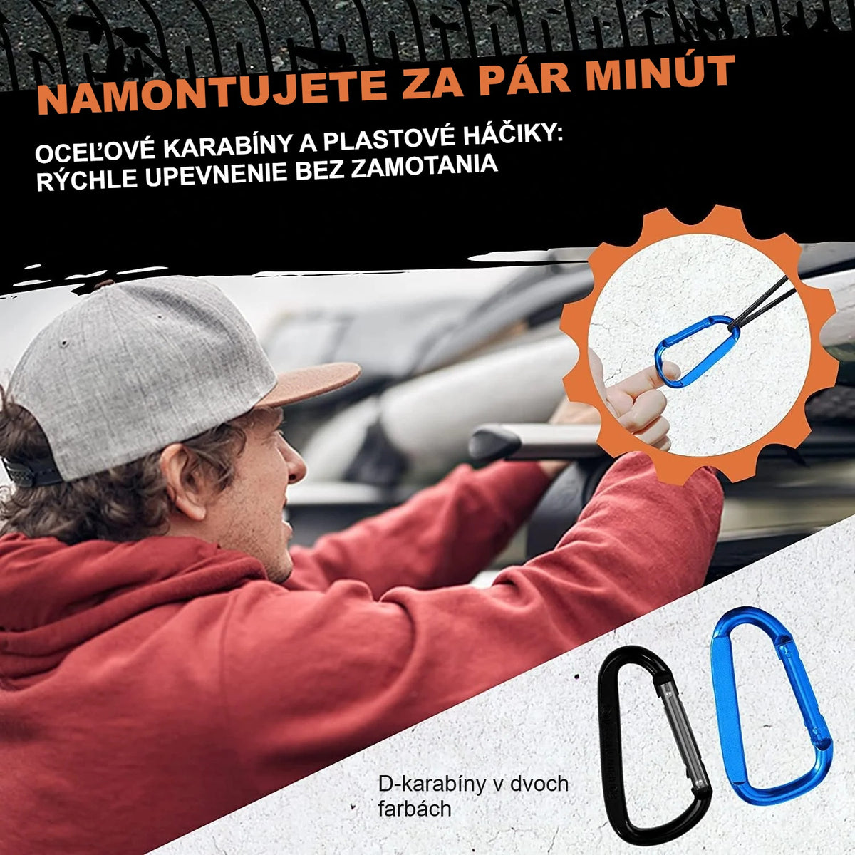 Muž upevňuje sieť na náklad karabínou