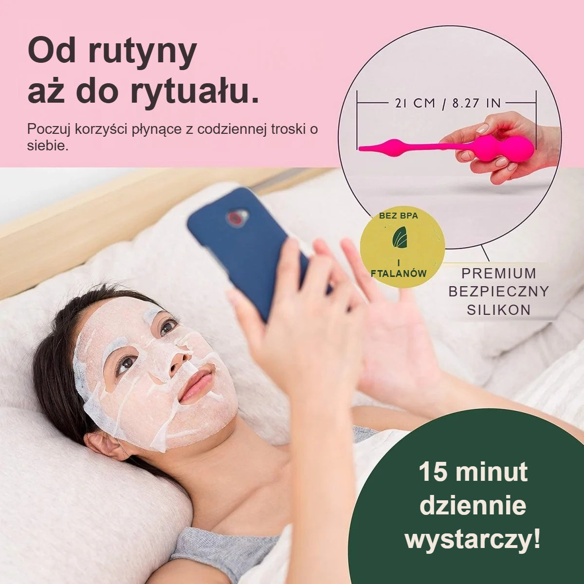 Kobieta w maseczce odpoczywa, obok trener Kegla i 15 minut ćwiczeń dziennie