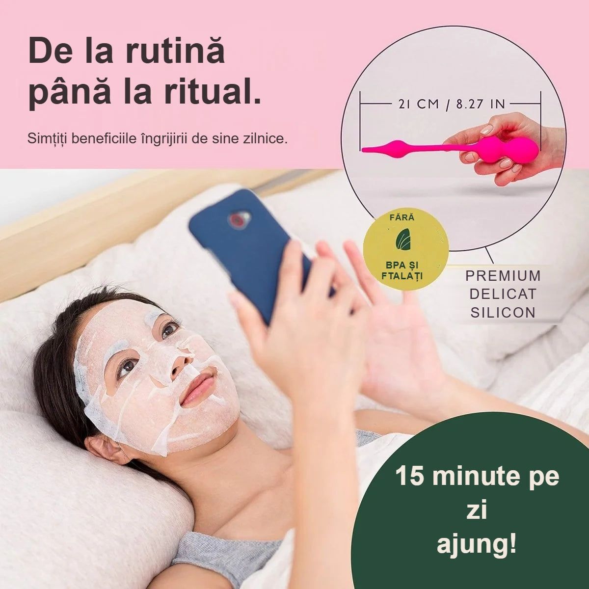 Femeie cu mască facială odihnindu-se, alături antrenorul Kegel și 15 minute de exerciții pe zi