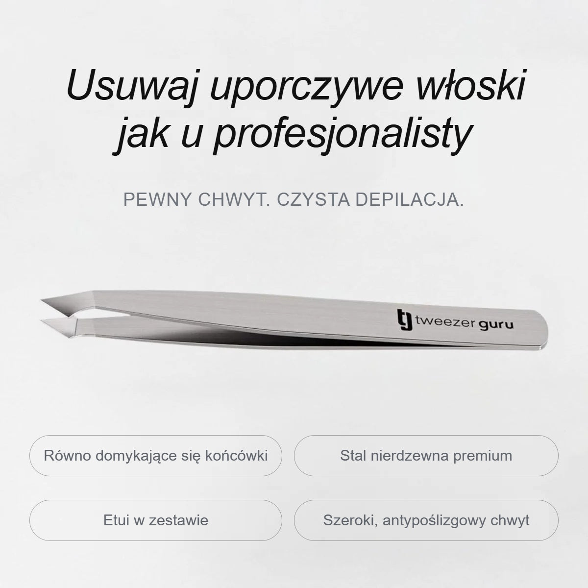 Skośna pęseta z równo domykającą się końcówką i szerokim, antypoślizgowym chwytem
