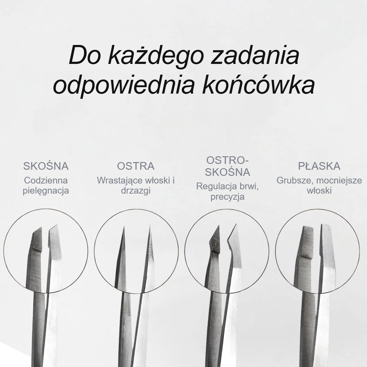 4 rodzaje końcówek w zestawie pęset: skośna, ostra, ostro-skośna i płaska
