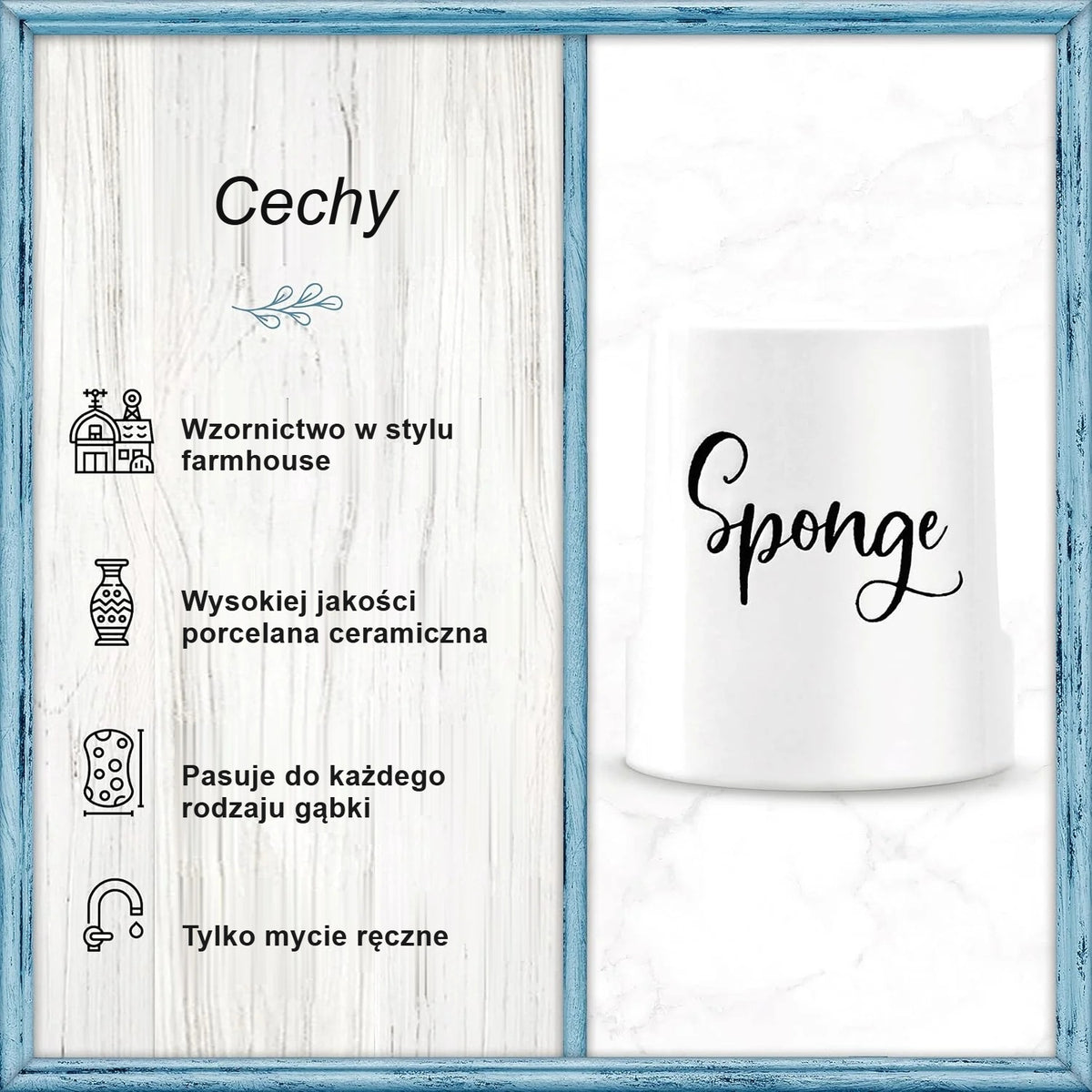 Cechy ceramicznego uchwytu na gąbkę: styl farmhouse, porcelana, mycie ręczne