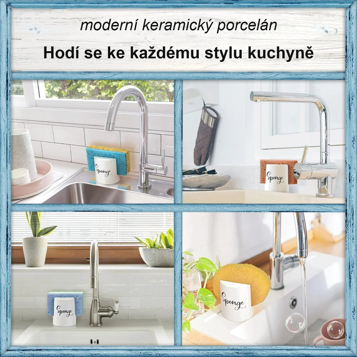 Bílý držák na houbičku v kuchyních různých stylů