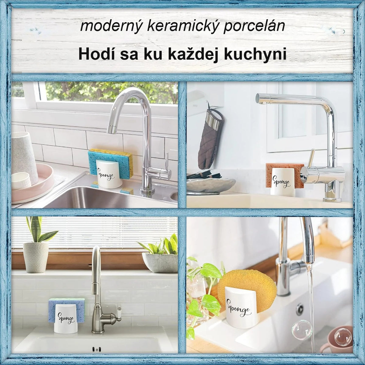 Biely držiak na špongiu v kuchyniach rôznych štýlov