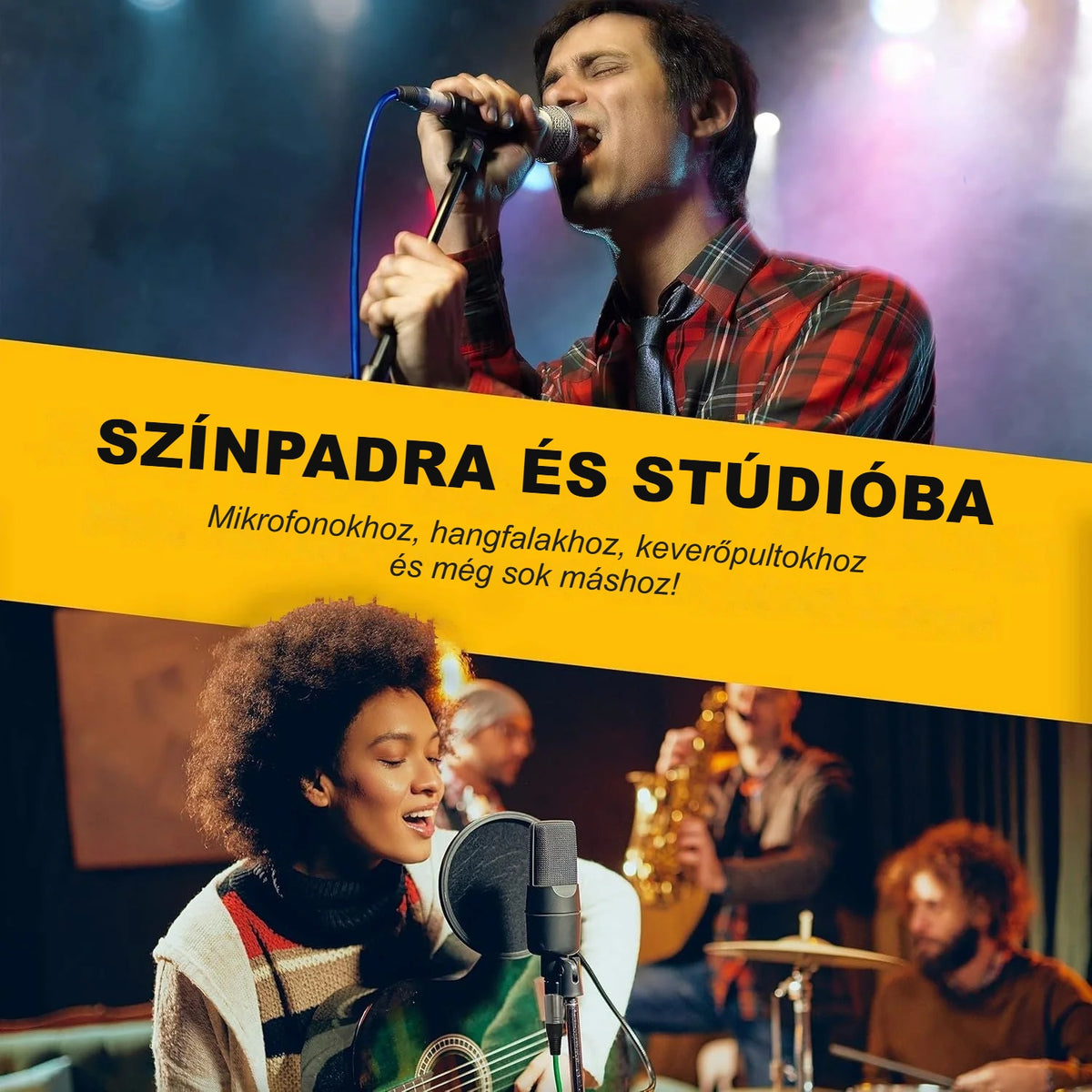 Énekes mikrofonnal a színpadon és zenészek a stúdióban