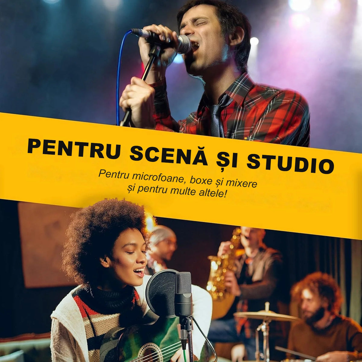 Cântăreț cu microfon pe scenă și muzicieni în studio