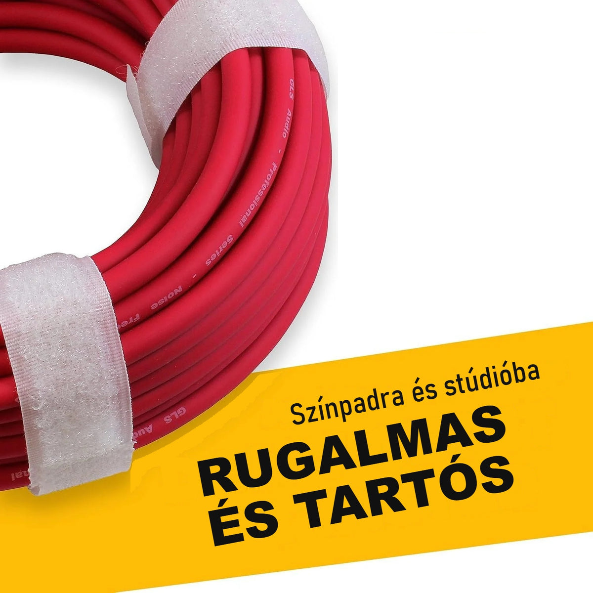 Piros XLR kábel feltekerve, tépőzáras kötegelővel