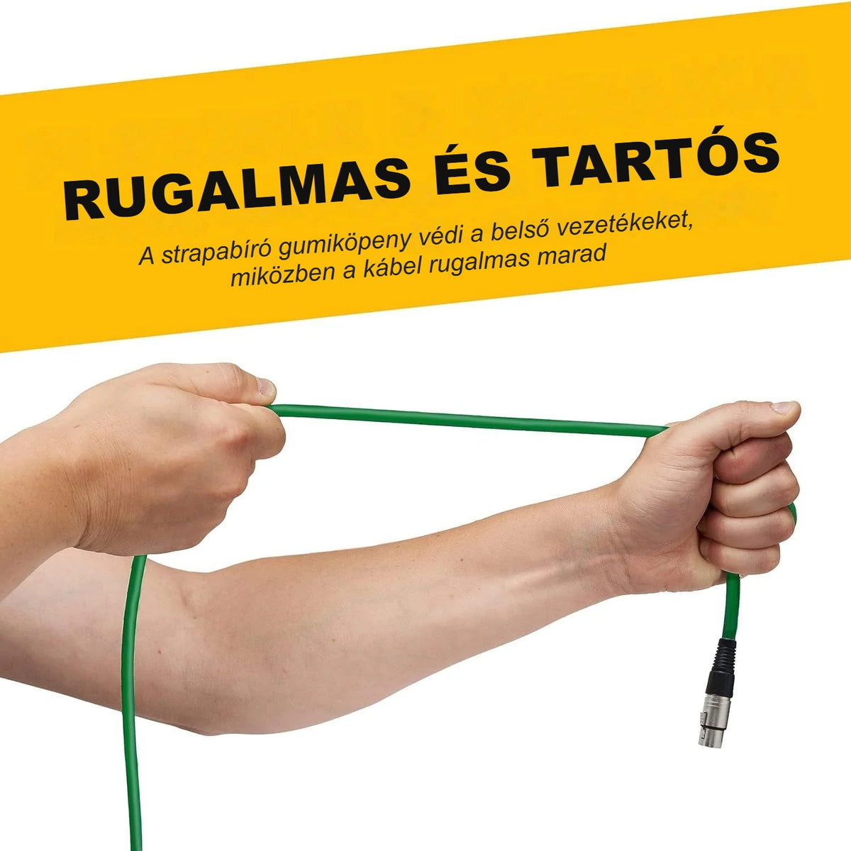 Zöld XLR kábel megfeszítve, rugalmas gumiköpennyel