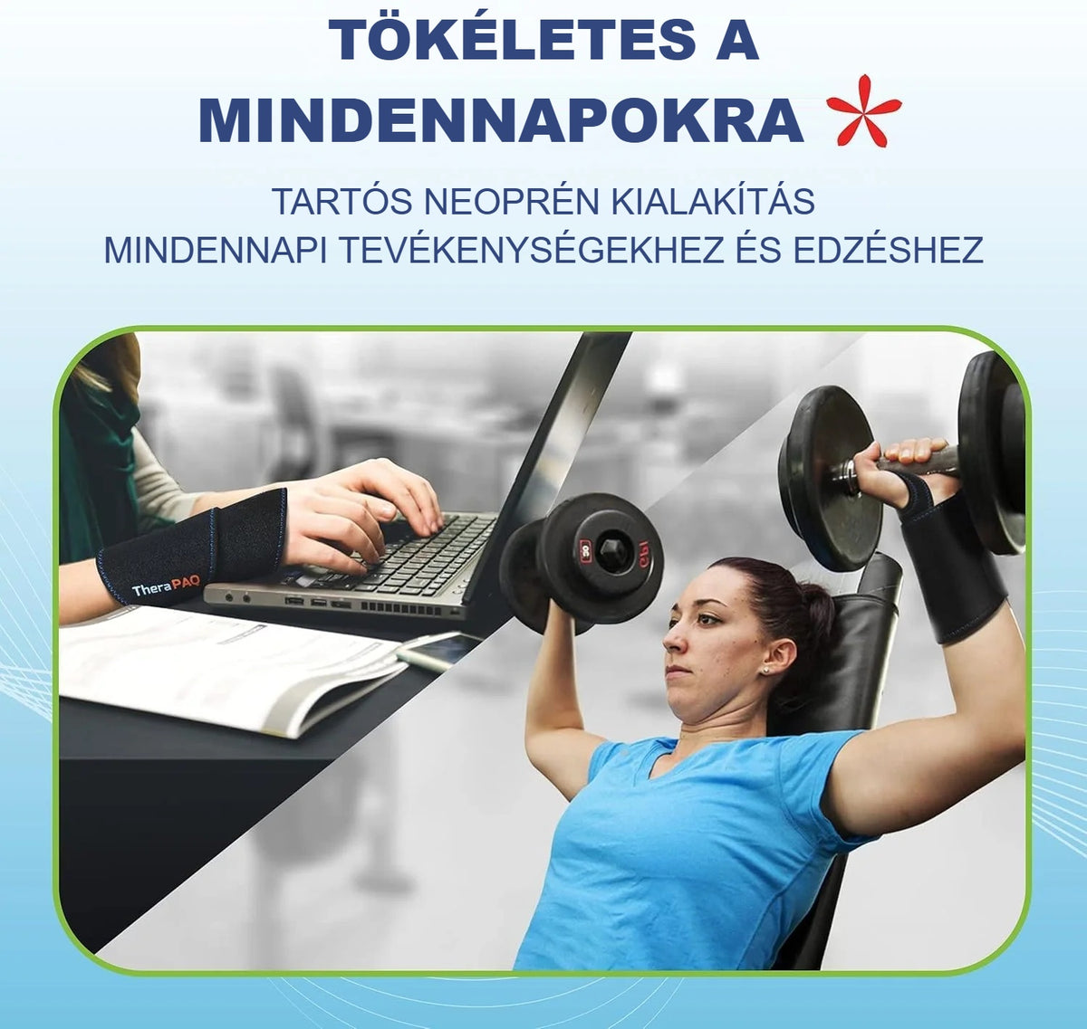 Edzőteremben súlyzózó nő csuklórögzítővel