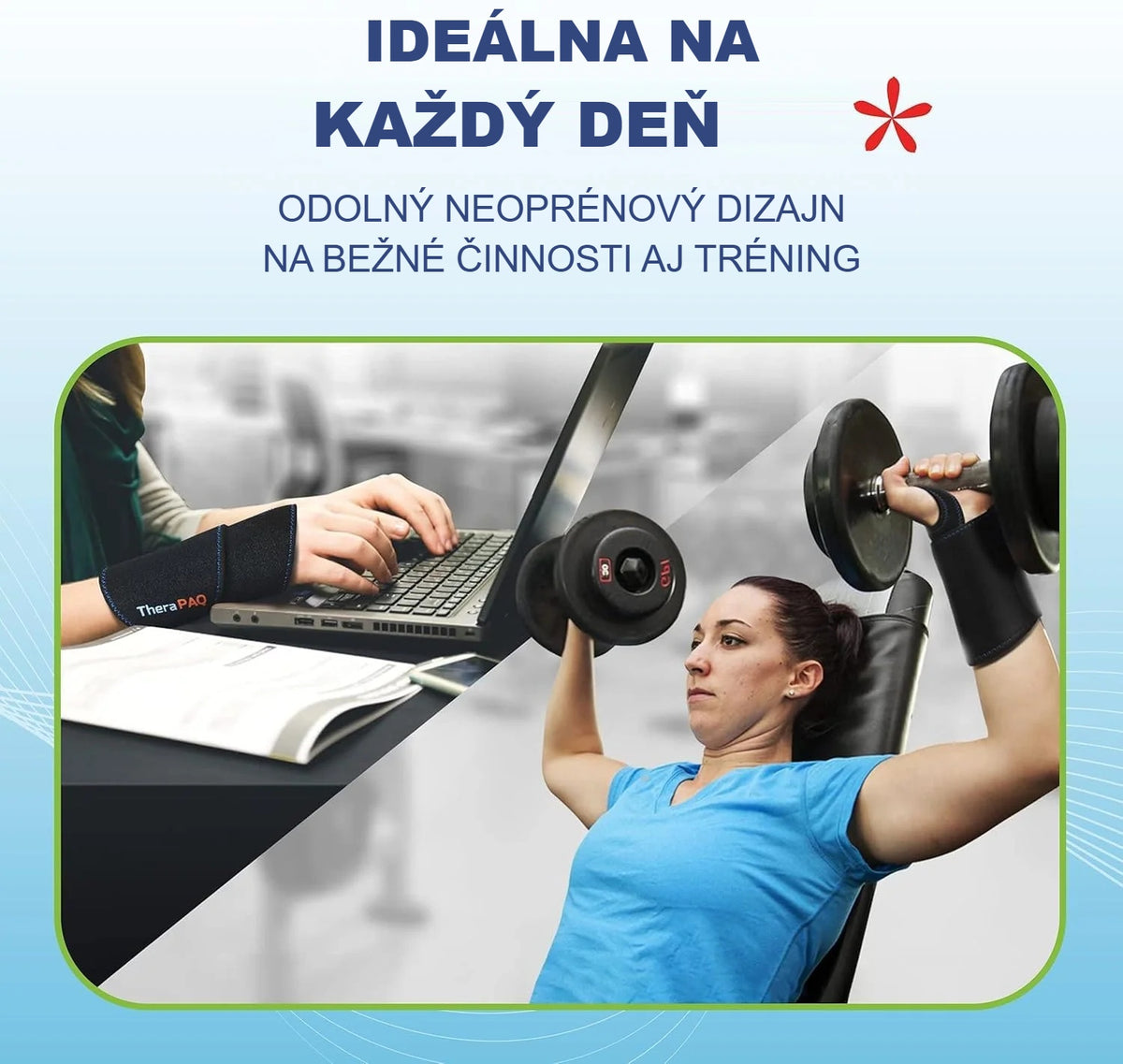 Žena cvičí s činkami v posilňovni s ortézou na zápästí