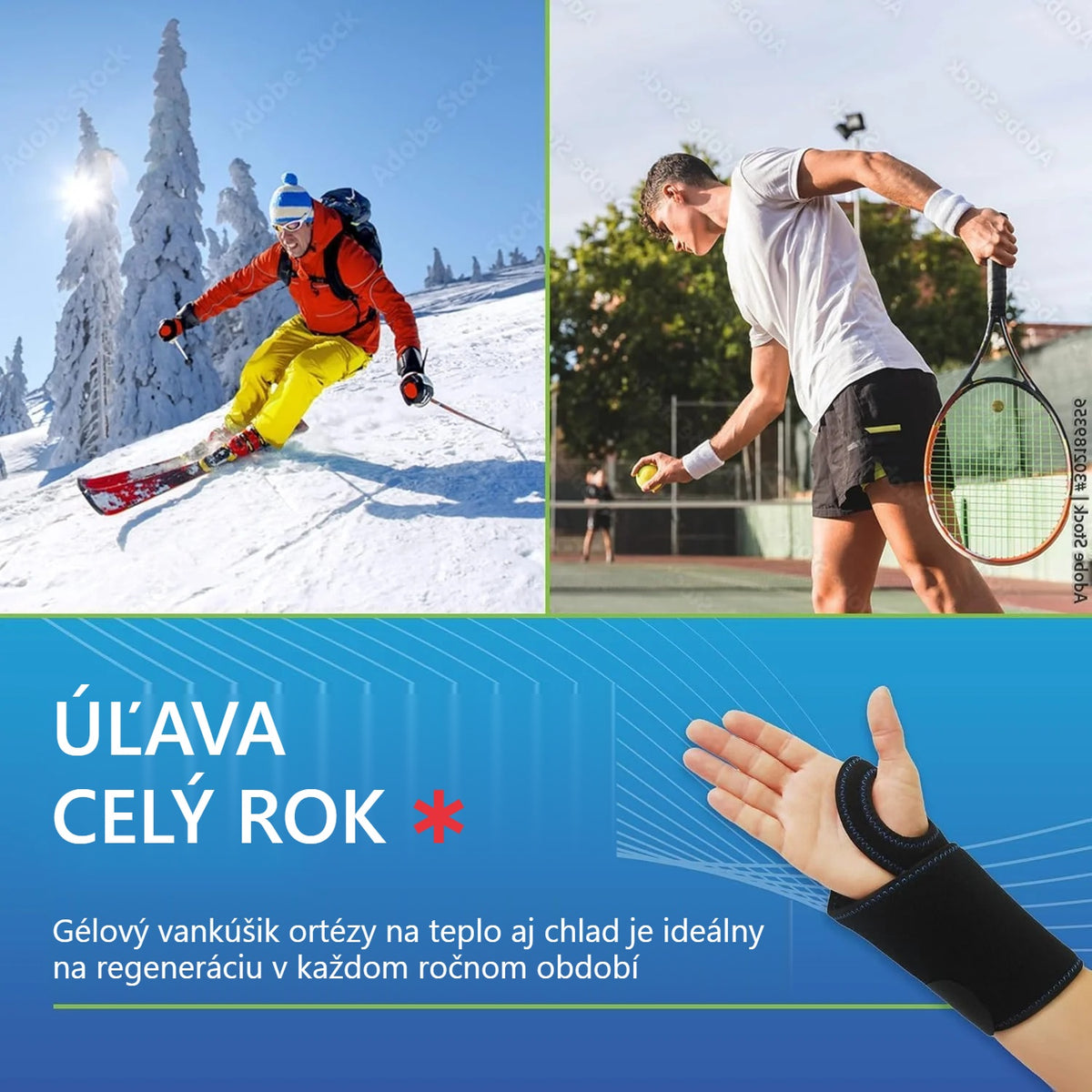 Lyžiar a tenista, vedľa nich ortéza na zápästie s gélovým vankúšikom