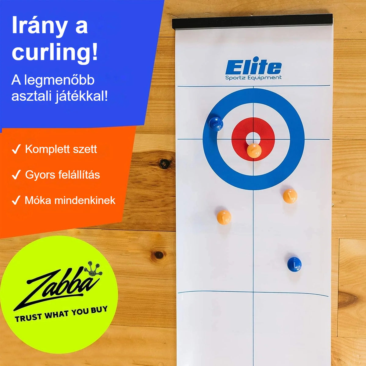 Asztali curling pálya célterülettel és kék, narancssárga kövekkel