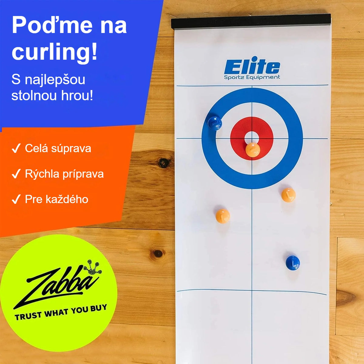 Dráha stolného curlingu s cieľovou oblasťou a modrými a oranžovými kameňmi