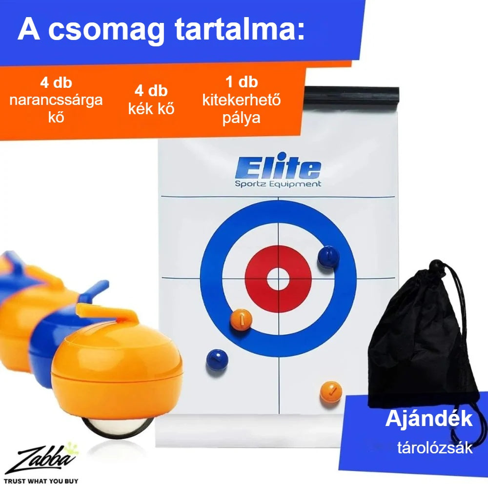 Asztali curling készlet tartalma: 4 narancssárga és 4 kék kő, pálya, tárolózsák