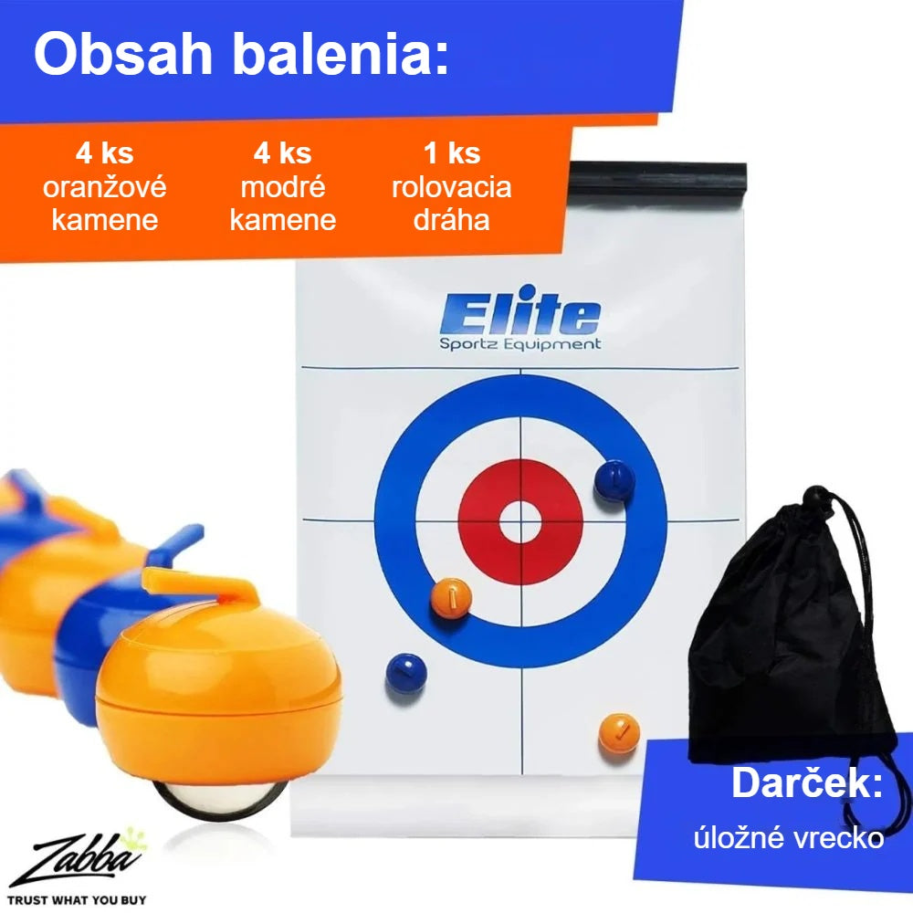 Obsah súpravy stolného curlingu: 4 oranžové a 4 modré kamene, dráha, úložné vrecko