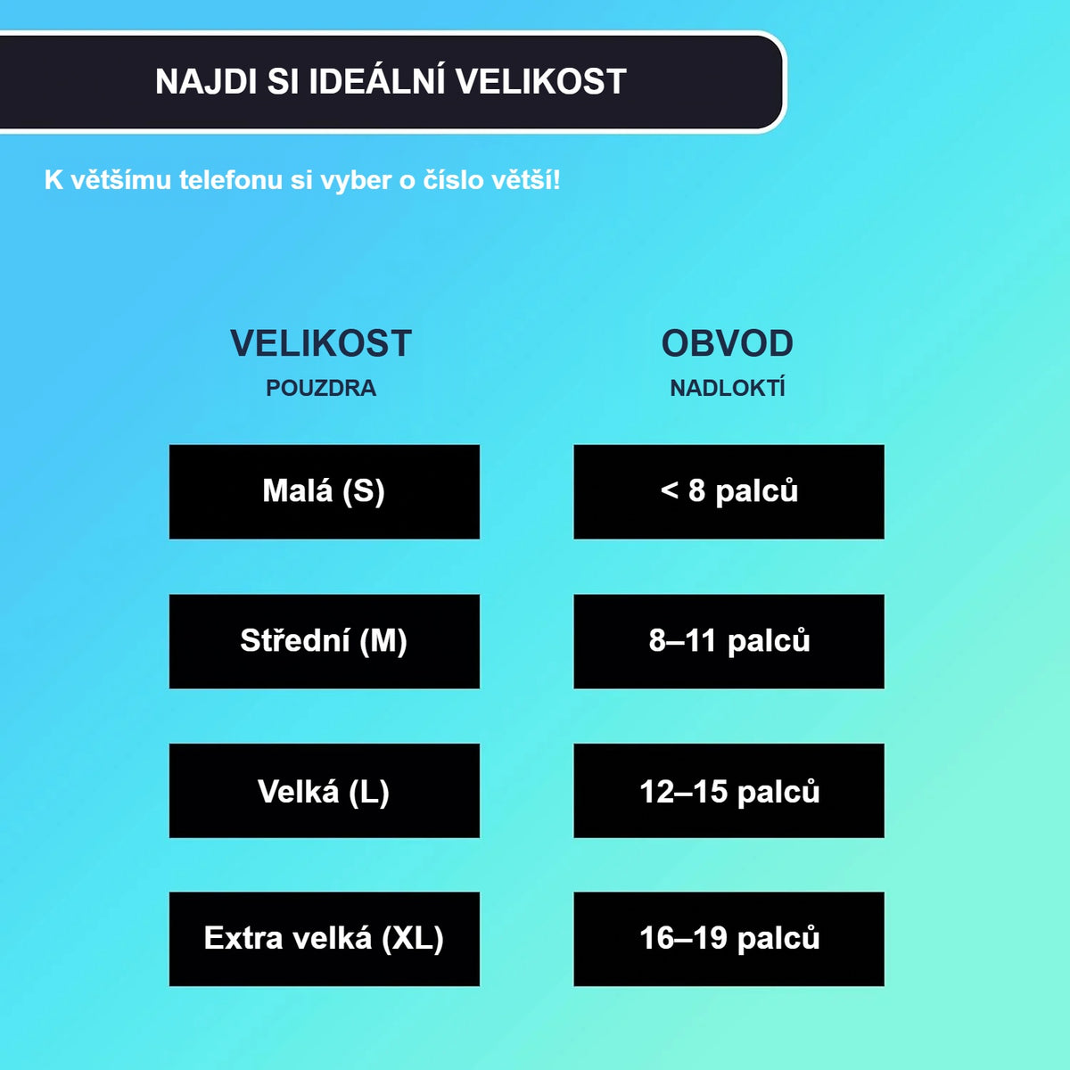 Tabulka velikostí pouzdra na mobil na ruku podle obvodu nadloktí