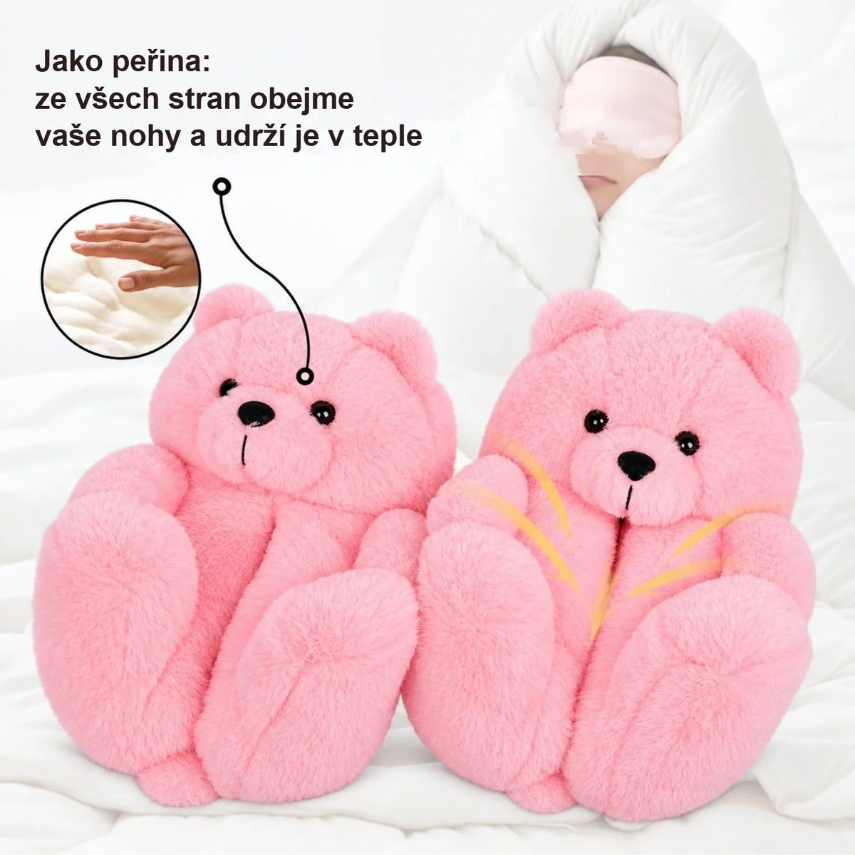 Růžové plyšové bačkory, které obepínají nohu